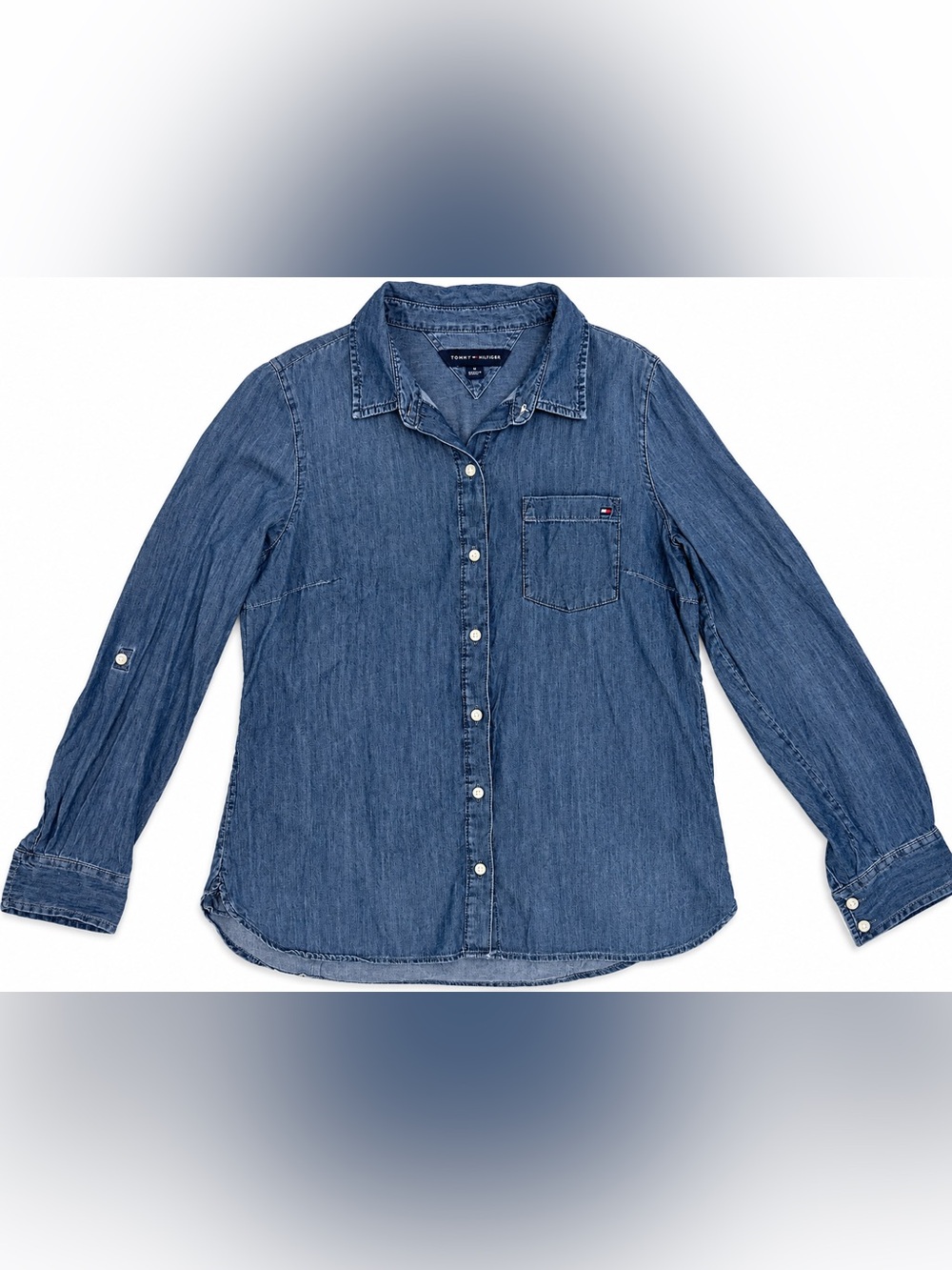 Tommy Hilfiger Denim Chambray Button Down Shirt Women’s M Roll Tab